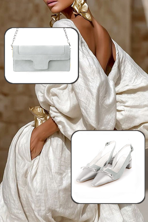 Dress slingback bow heels in silver and pearl grey leather with kitten heels and tapered toe - Top view